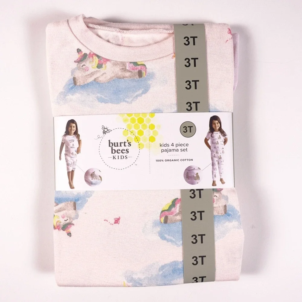 Burts Bees Kids 3T 4-Piece Pajama Set 100% Organic Cotton Pink Tea Party Unicorn